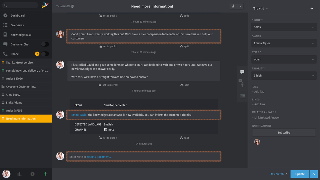 Screenshot of language detection in Zammad