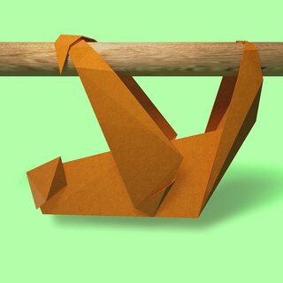 Origami sloth on a bright green background
