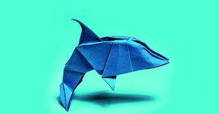 Blue origami dolphin on turquoise background
