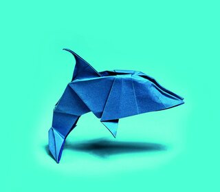 Blue origami dolphin on turquoise background