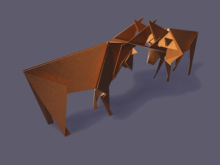 Origami of two fighting stags with a dark purple background