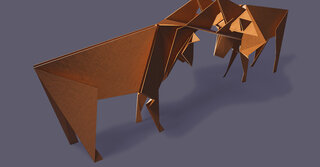 Origami of two fighting stags with a dark purple background