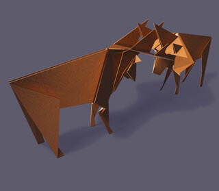 Origami of two fighting stags with a dark purple background