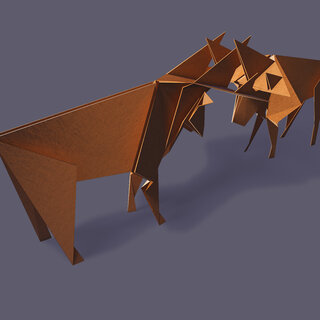 Origami of two fighting stags with a dark purple background