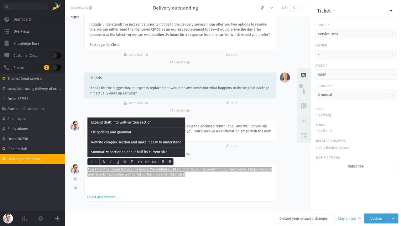 How to use AI Writing Assitant in Zammad UI