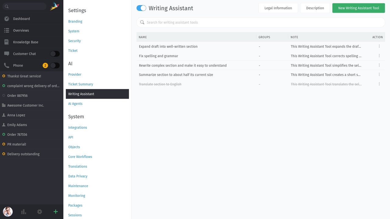 How to activate AI Writing Assistant in Zammad
