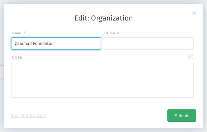 Screenshot Zammad editing an organization