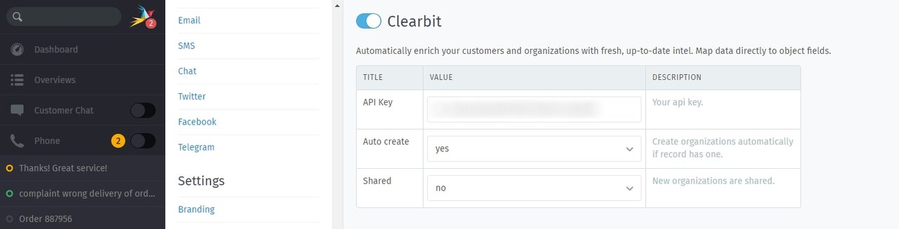 Screenshot Clearbit Integration Setup in Zammad
