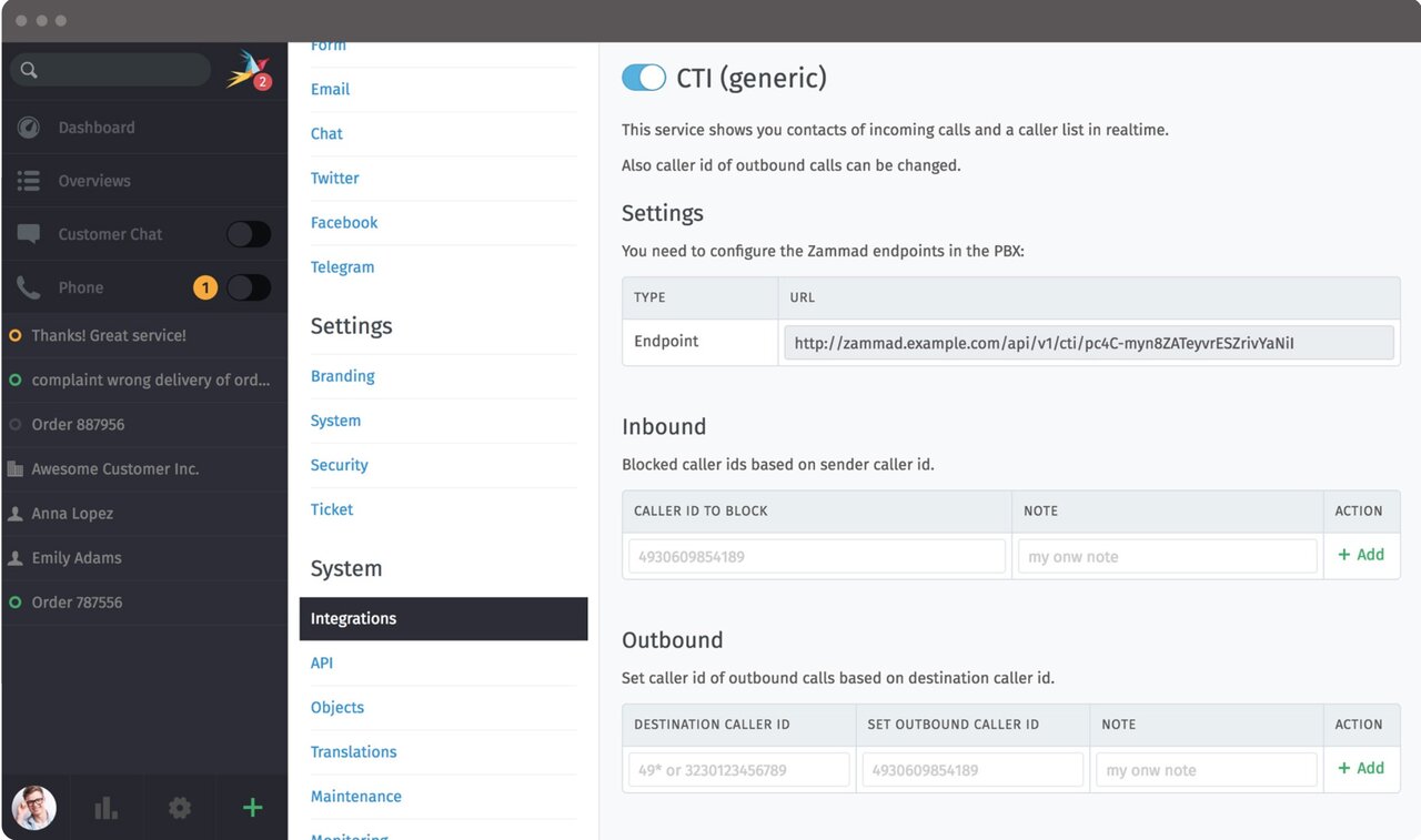 Screenshot Zammad CTI Integration