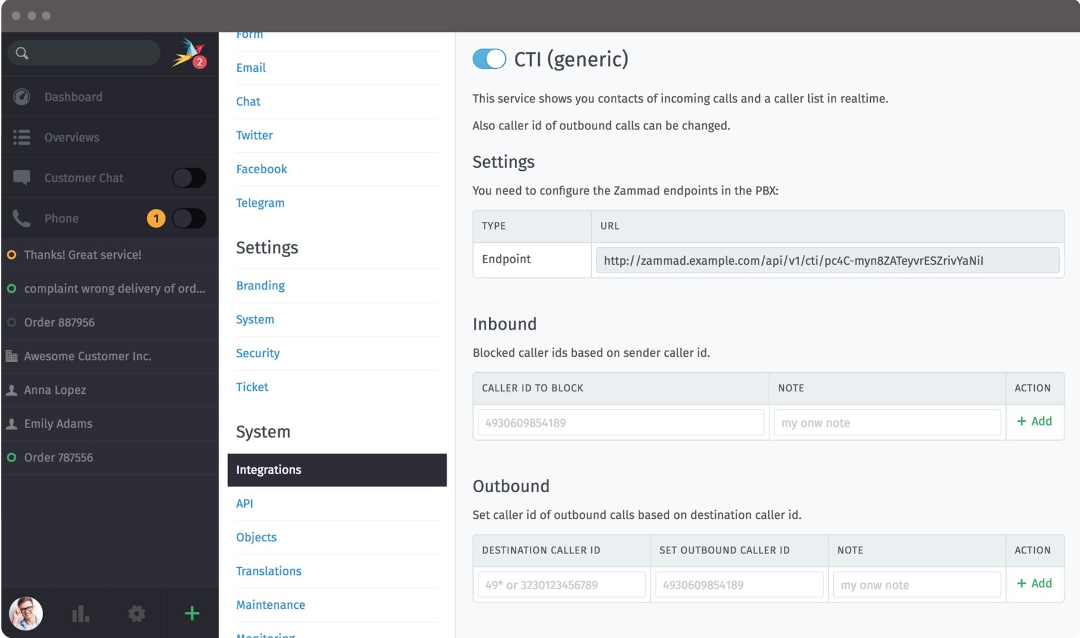 CTI Integration | Zammad Features