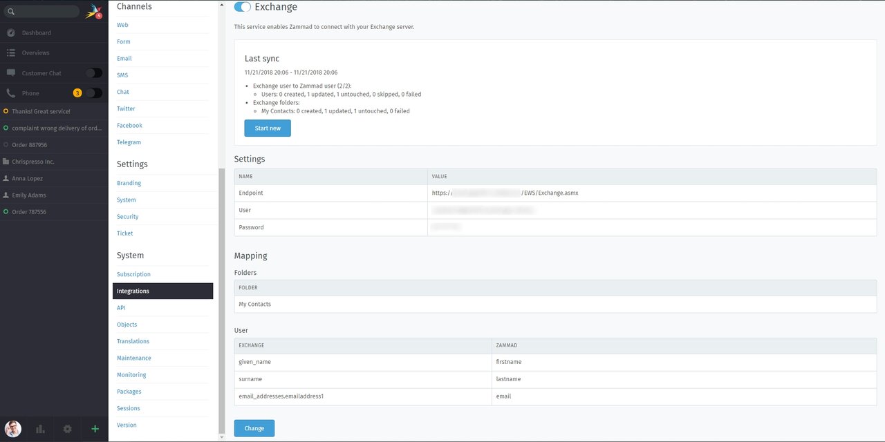 Screenshot of the Exchange Sync in Zammad