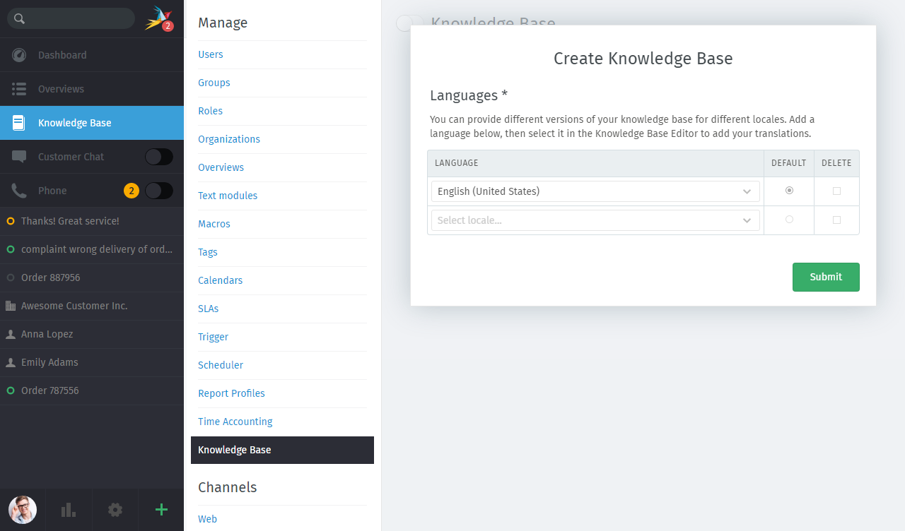 Screenshot Zammad Knowledge Base setup
