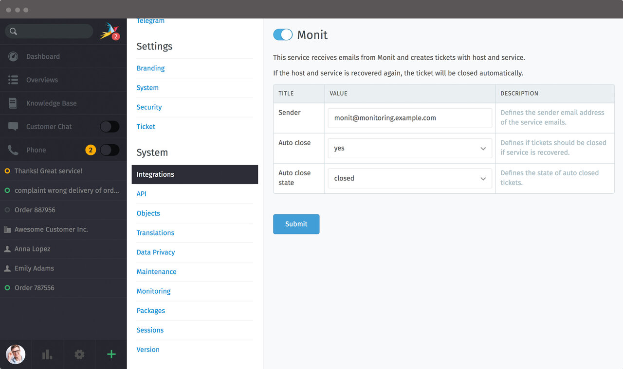 Screenshot Zammad Monit integration