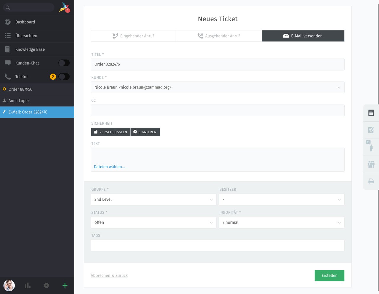 Screenshot Ticket Verschlüsselung in Zammad