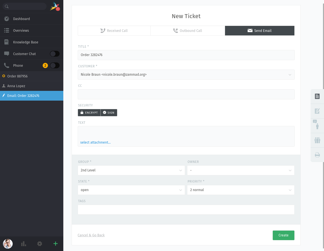 Screenshot of the PGP encryption options in a ticket