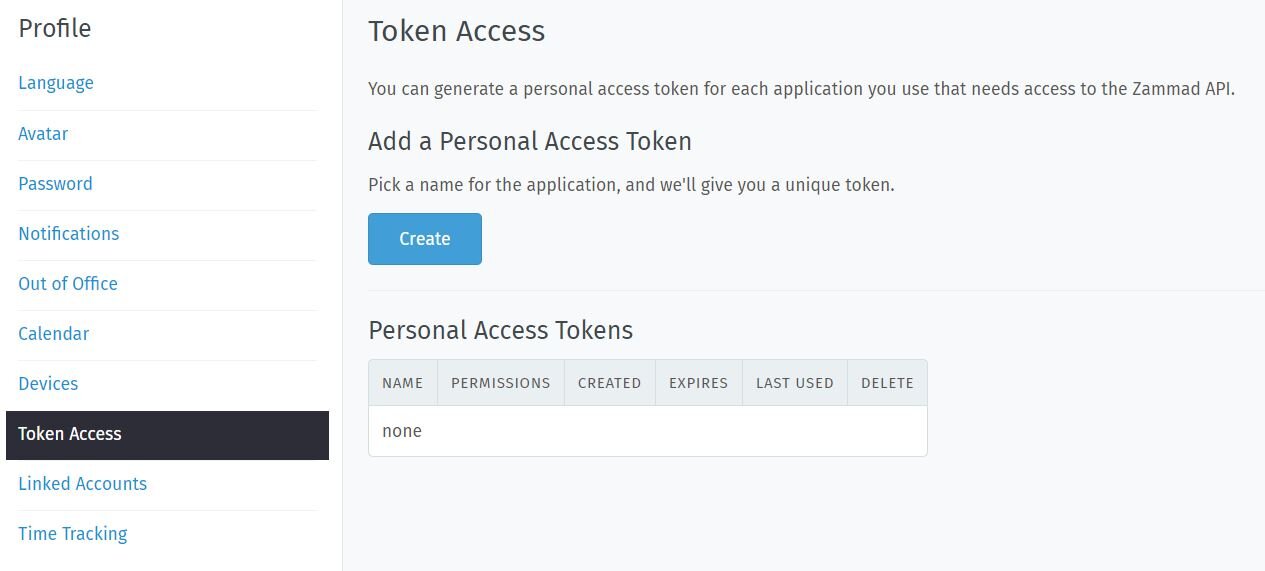 Screenshot of token settings in Zammad