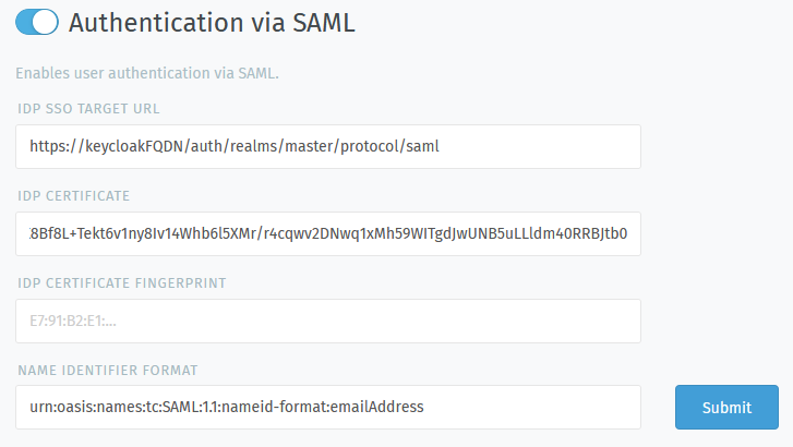 Screenshot SAML activation in Zammad