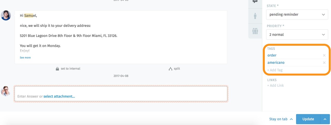 Screenshot of tag settings in Zammad