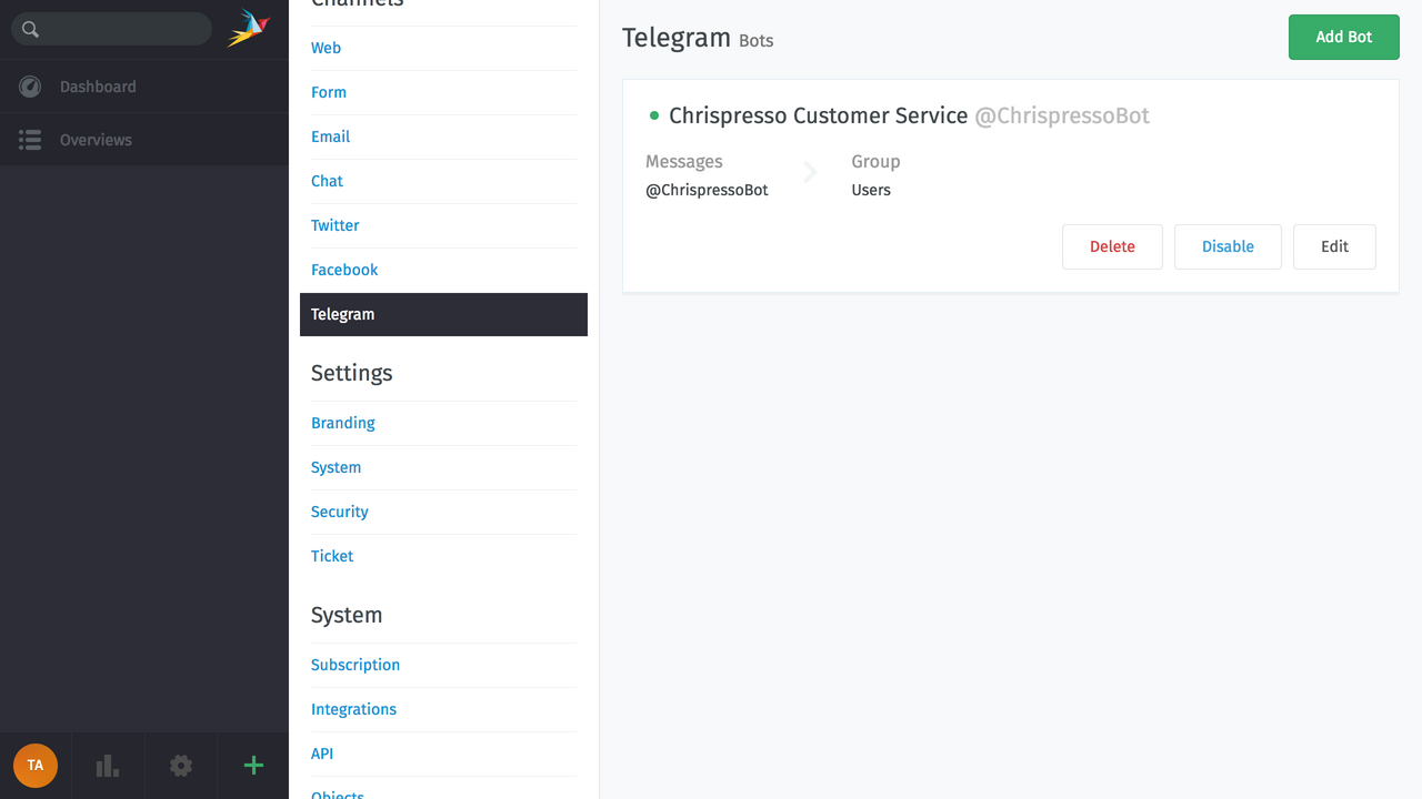 Screenshot Telegram New Integration in Zamamd