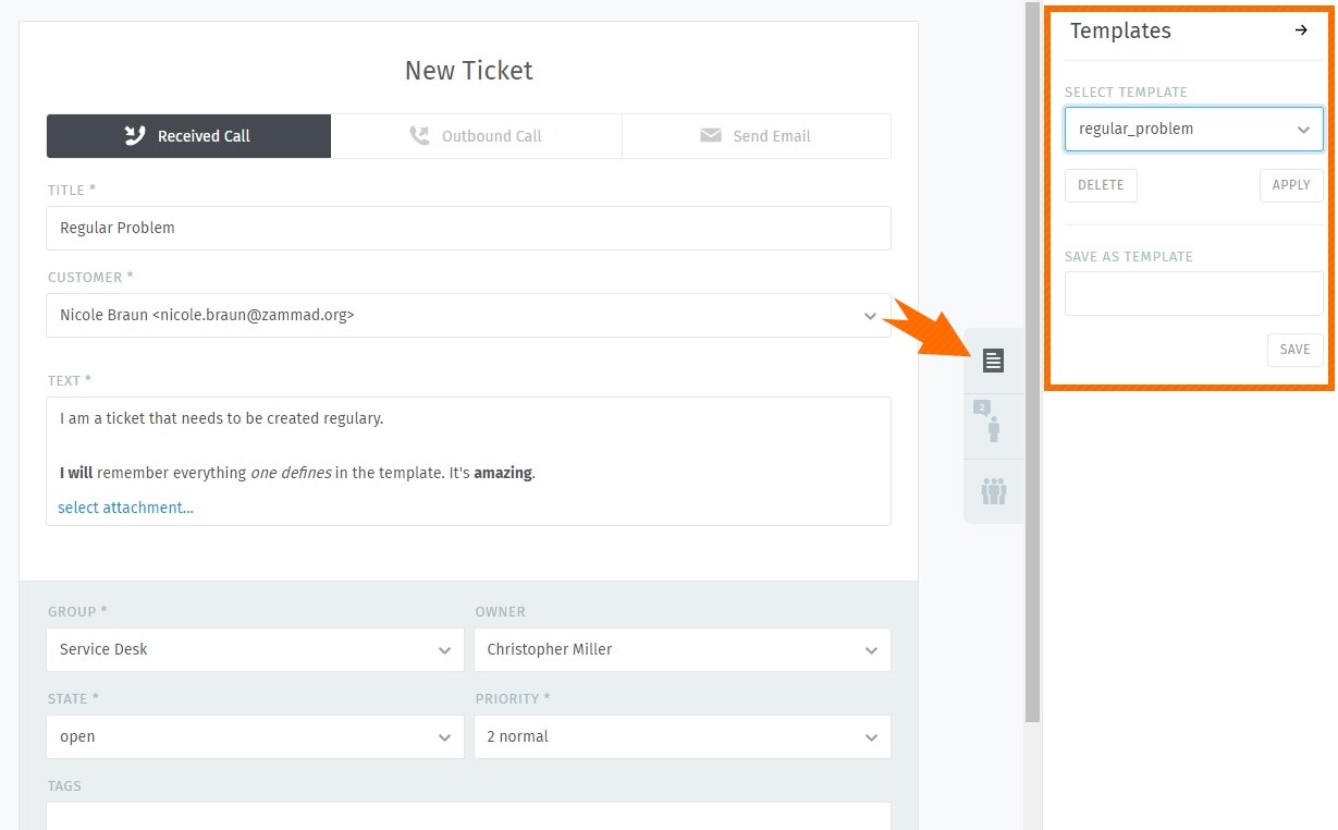 Screenshot Zammad ticket templates