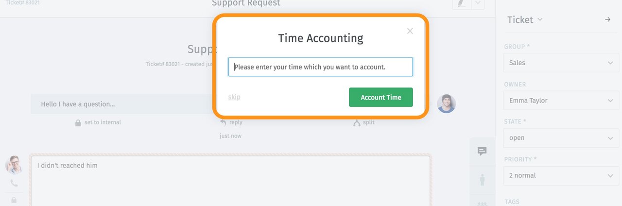 Time accounting popup Zammad