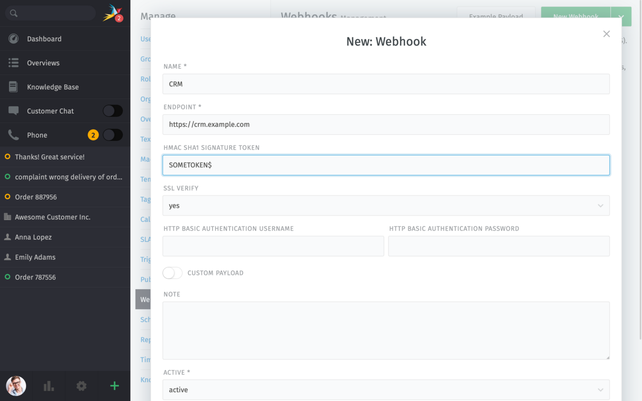 Screenshot new Webhook in Zammad