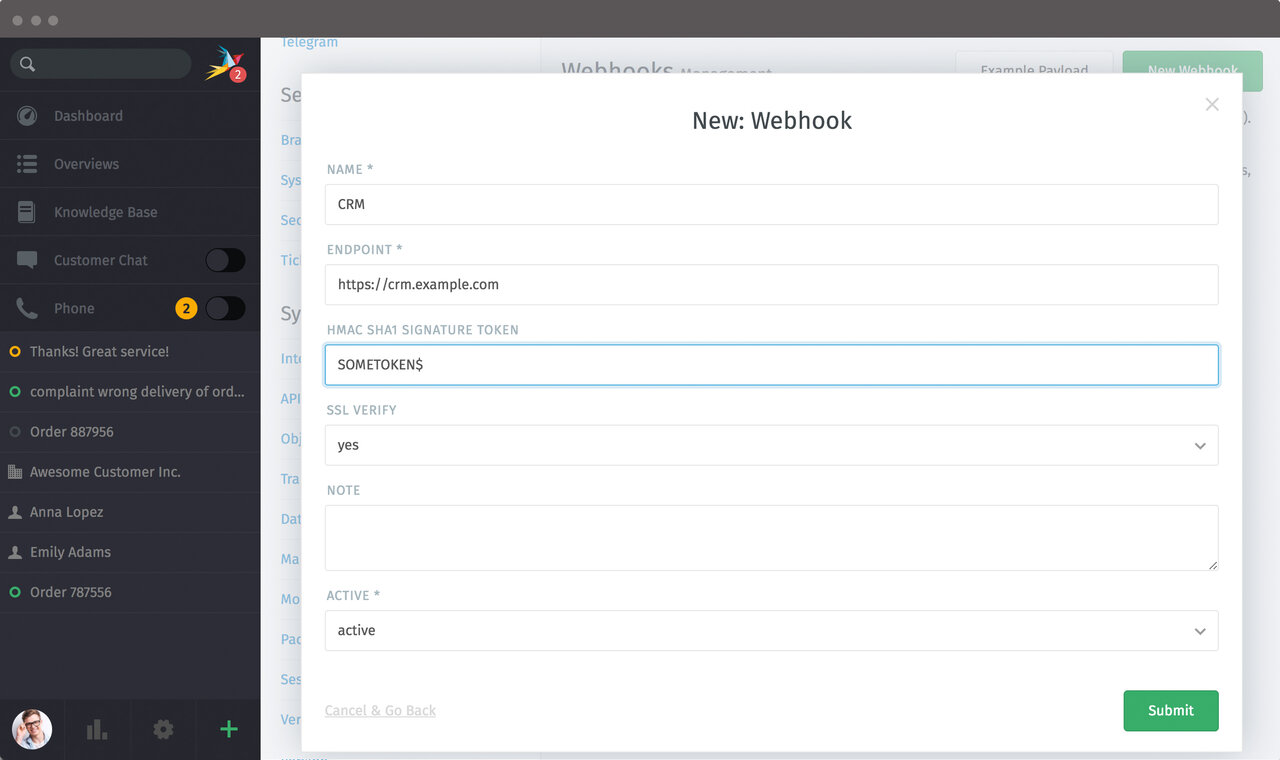 Screenshot of the creation of a new webhook in Zammad