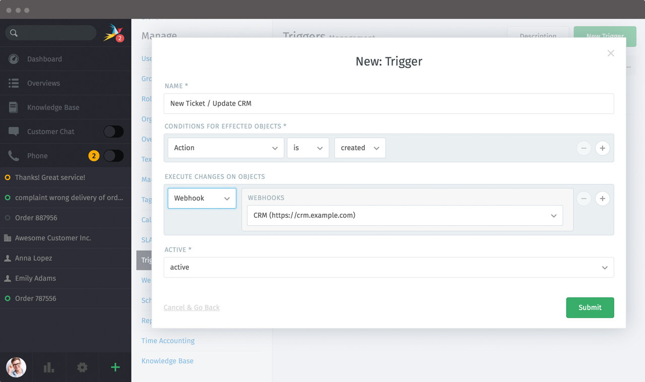 Screenshot of the creation of a new webhook trigger in Zammad