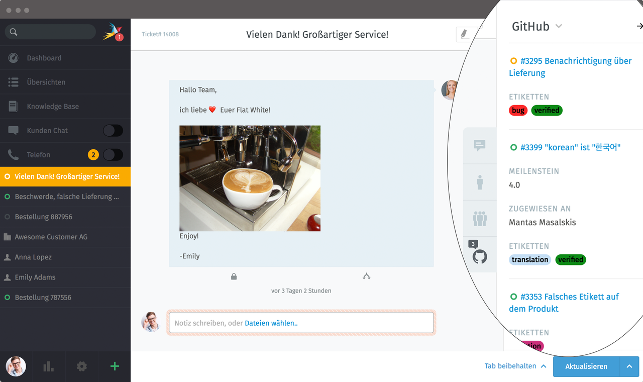 Screenshot GitHub integration in Zammad