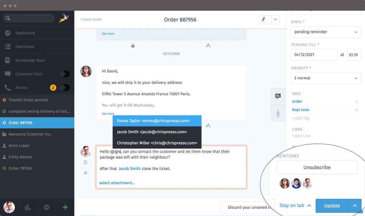 Screenshot of Zammad Mentions Feature Unsubscribe option