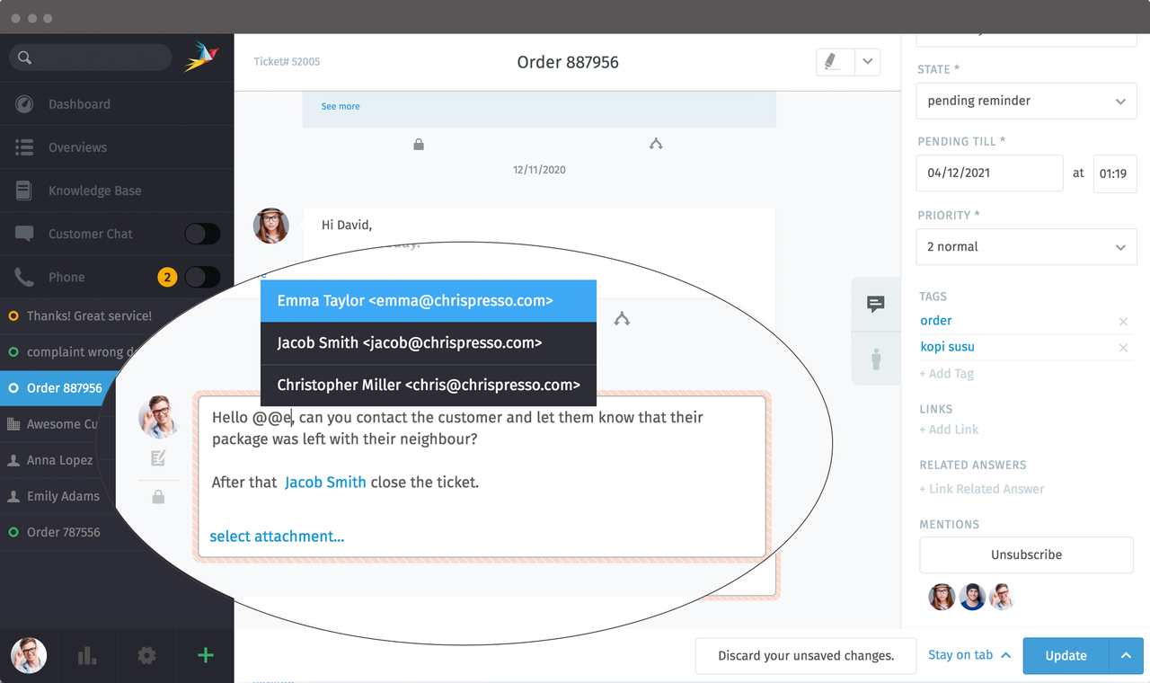 Screenshot of Zammad Mentions Feature