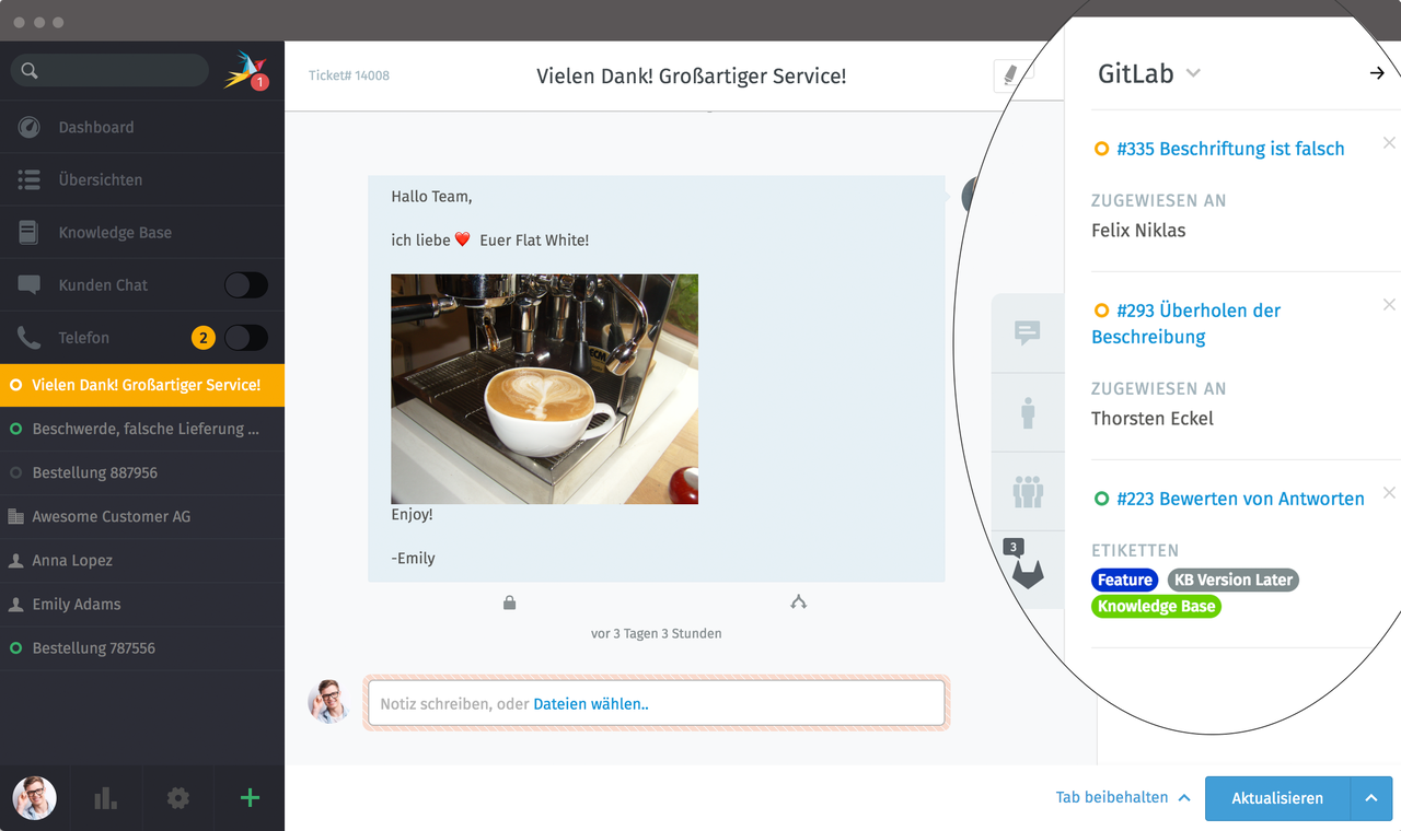 Screenshot GitLab integration in Zammad
