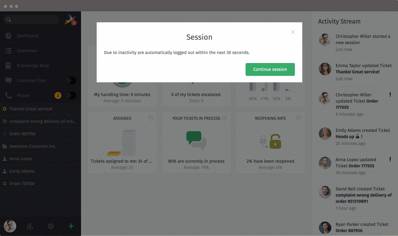 Screenshots of the Zammad Session Timeout Feature