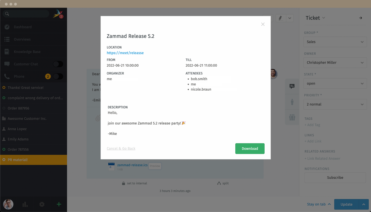 Screenshot .ics Preview in Zammad