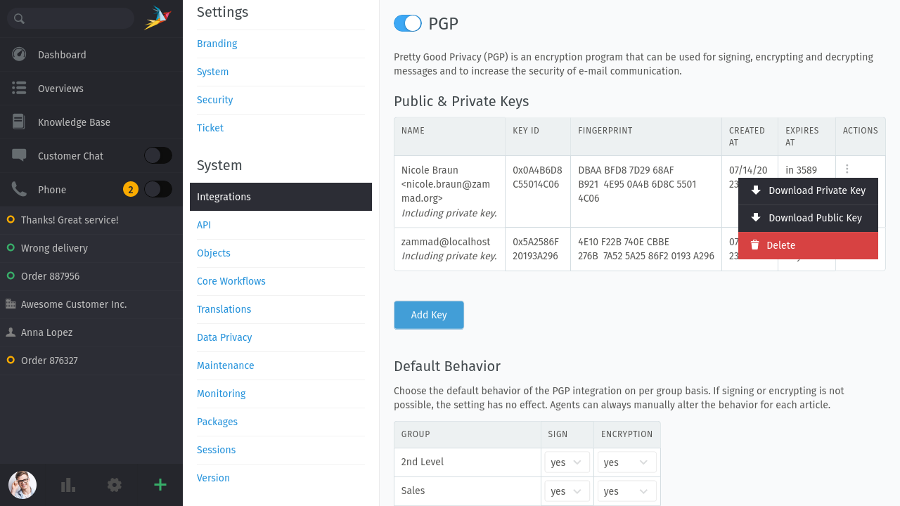 Screenshot PGP Integration within Zammad