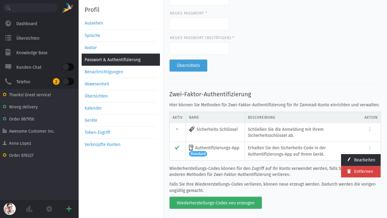Screenshot 2fa in Zammad