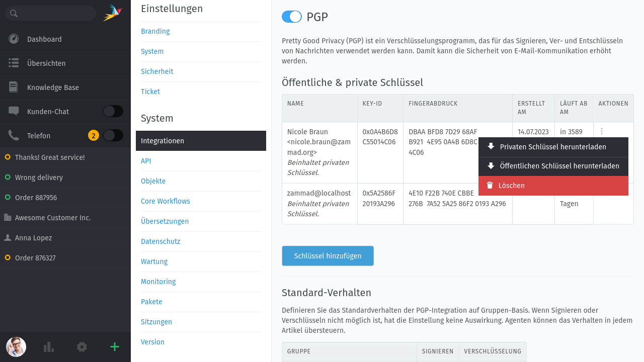 Screenshot PGP Integration in Zammad