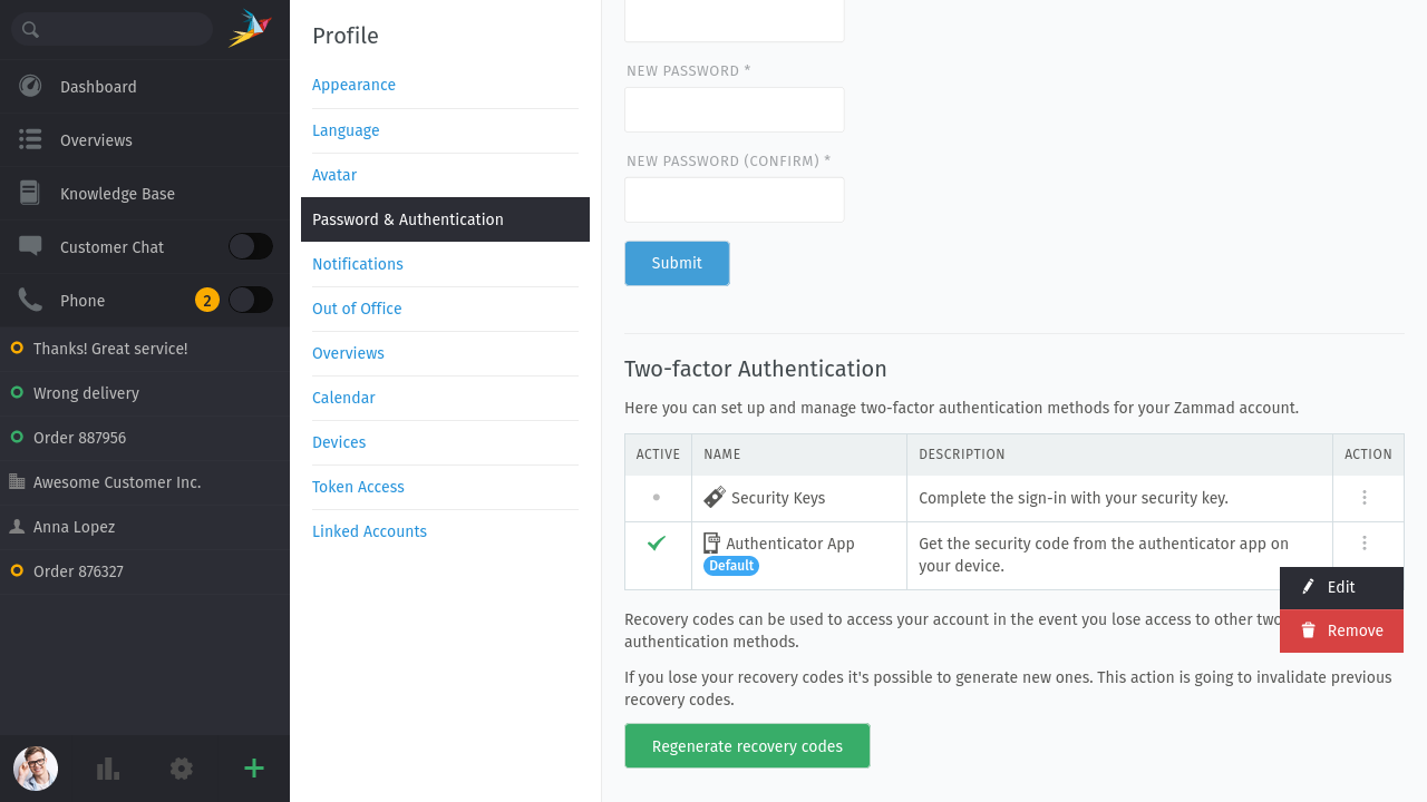 Screenshot Two-Factor Authentication in Zammad