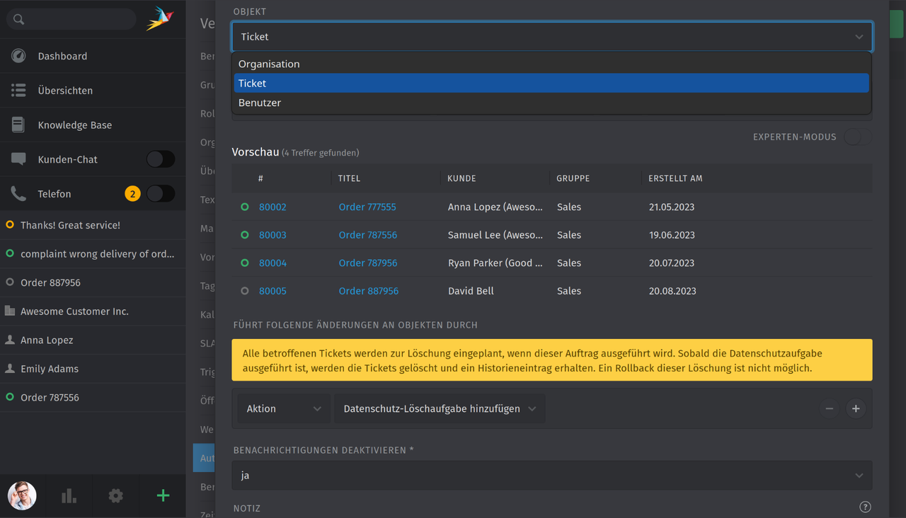 Screenshot zur Verwaltung der Datenaufbewahrung und -löschung über den Scheduler