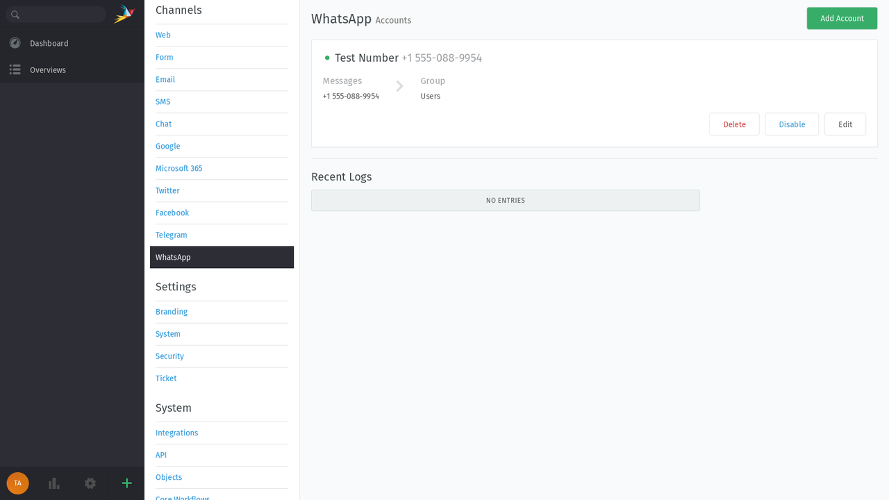 Screenshot of how to add WhatsApp as a new channel in Zammad