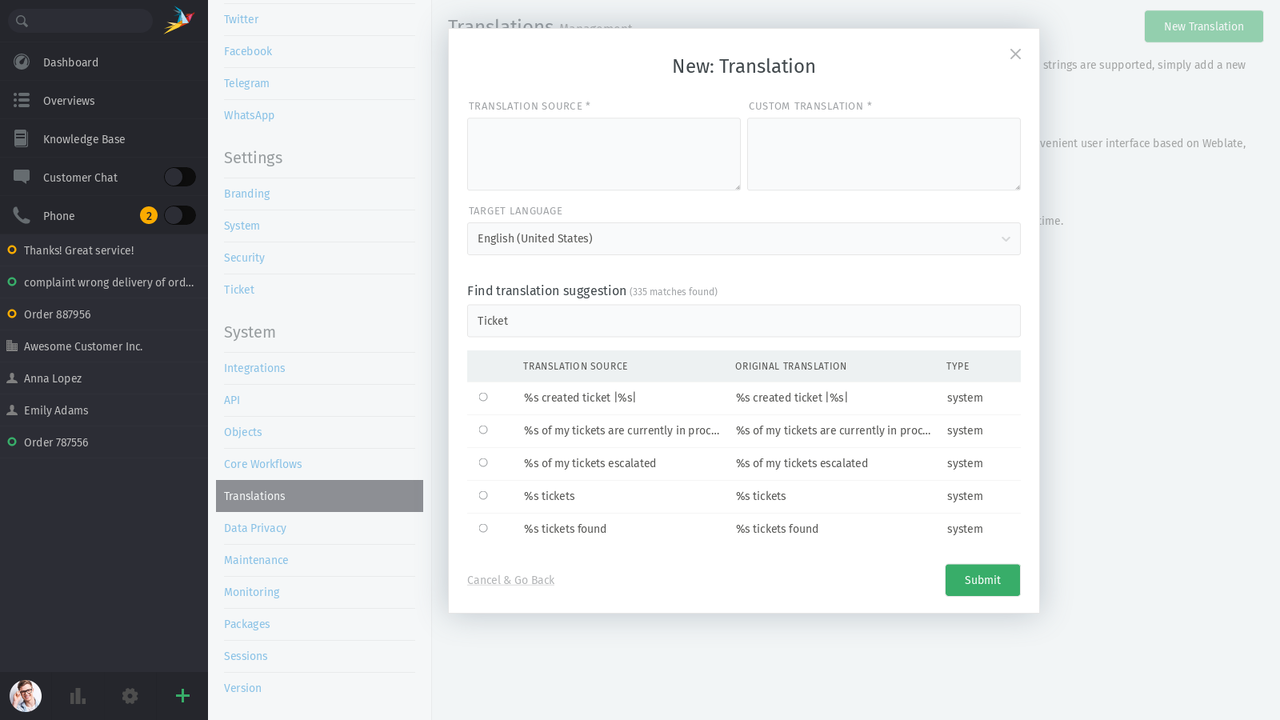 Screenshot of Translation Management in Zammad