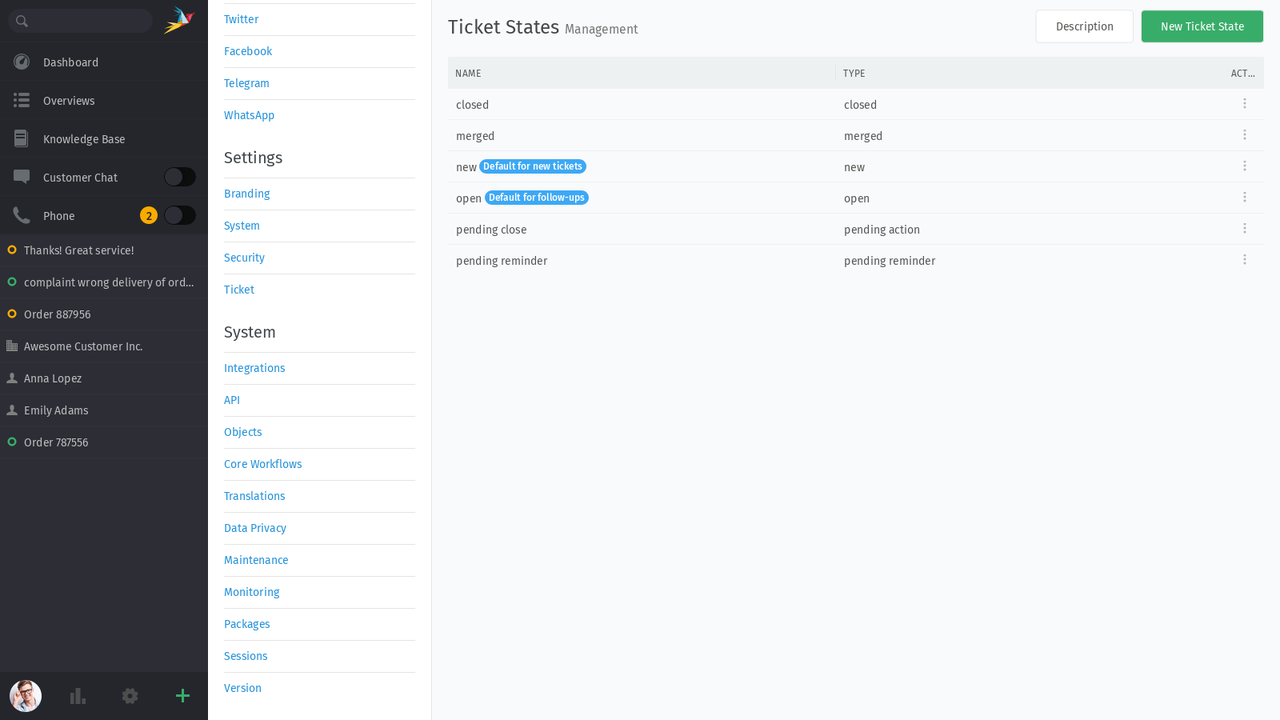 Screenshot of how to add Custom Ticket States & Priority in Zammad 2
