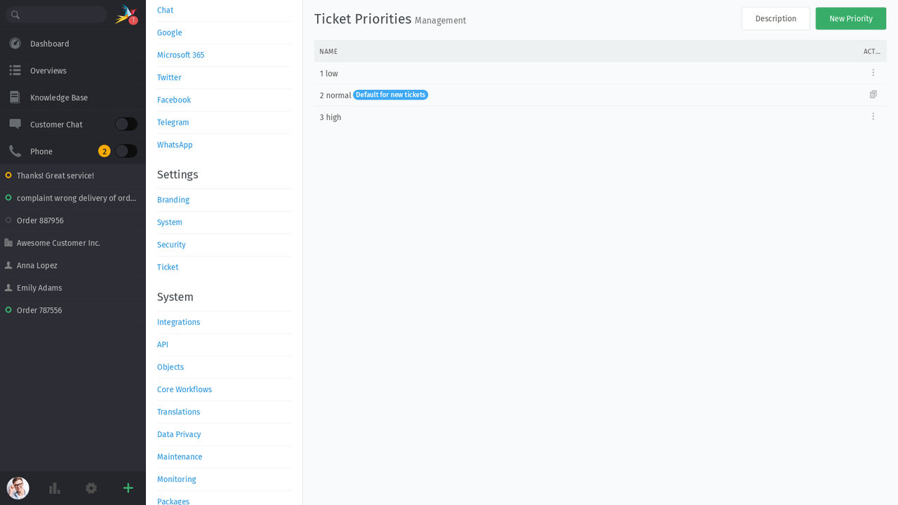 Screenshot of how to add Custom Ticket States & Priority in Zammad