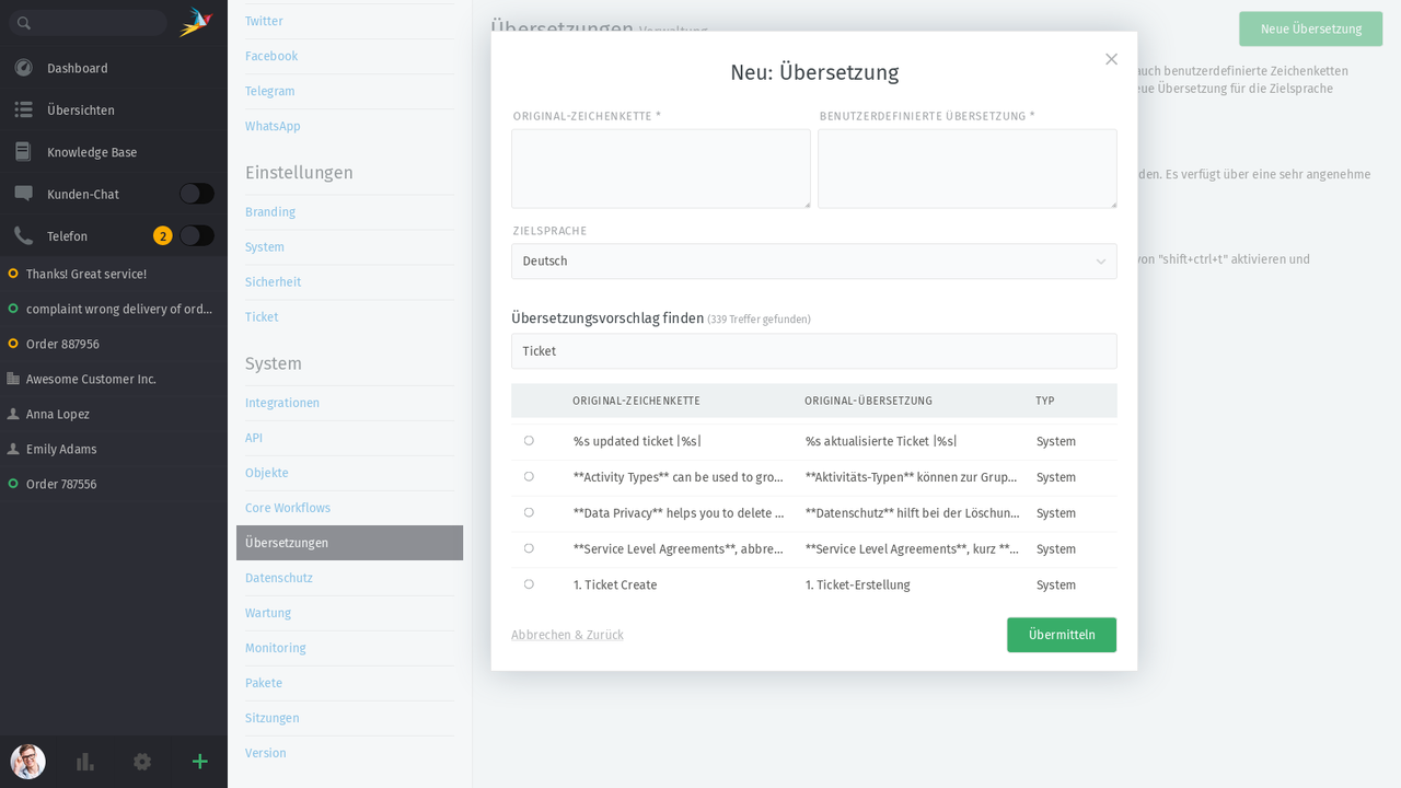 Screenshot Zammad lokale &Uuml;bersetzung