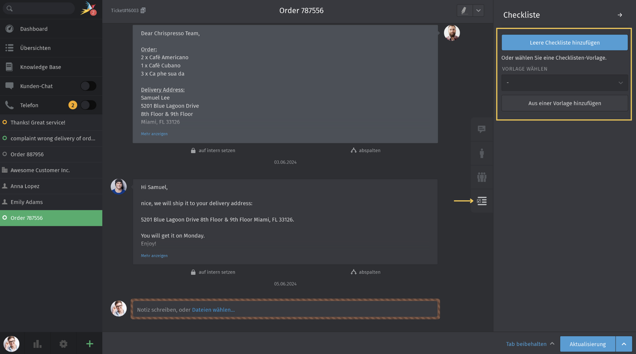 Screenshot Checklisten anlegen in Zammad