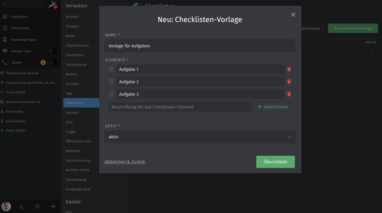 Screenshot von Checklisten-Anlegen in Zammad