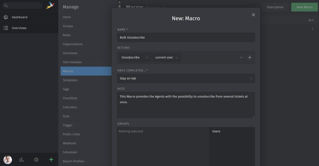 Screenshot of Unsupcribe Macro in Zammad