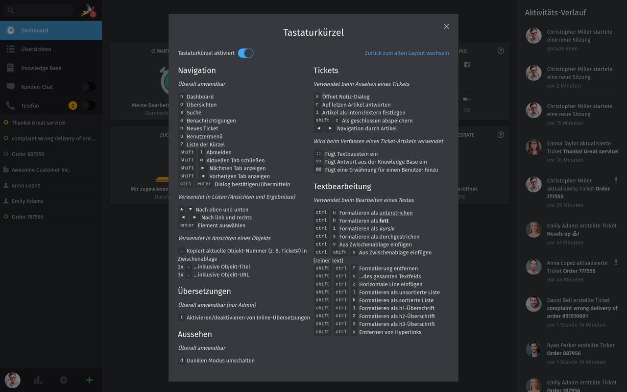 Screenshot von Tastenk&uuml;rzel in Zammad