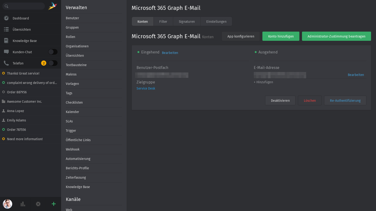 Screenshot Microsoft 365-Anbindung &uuml;ber die GraphAPI zu Zammad