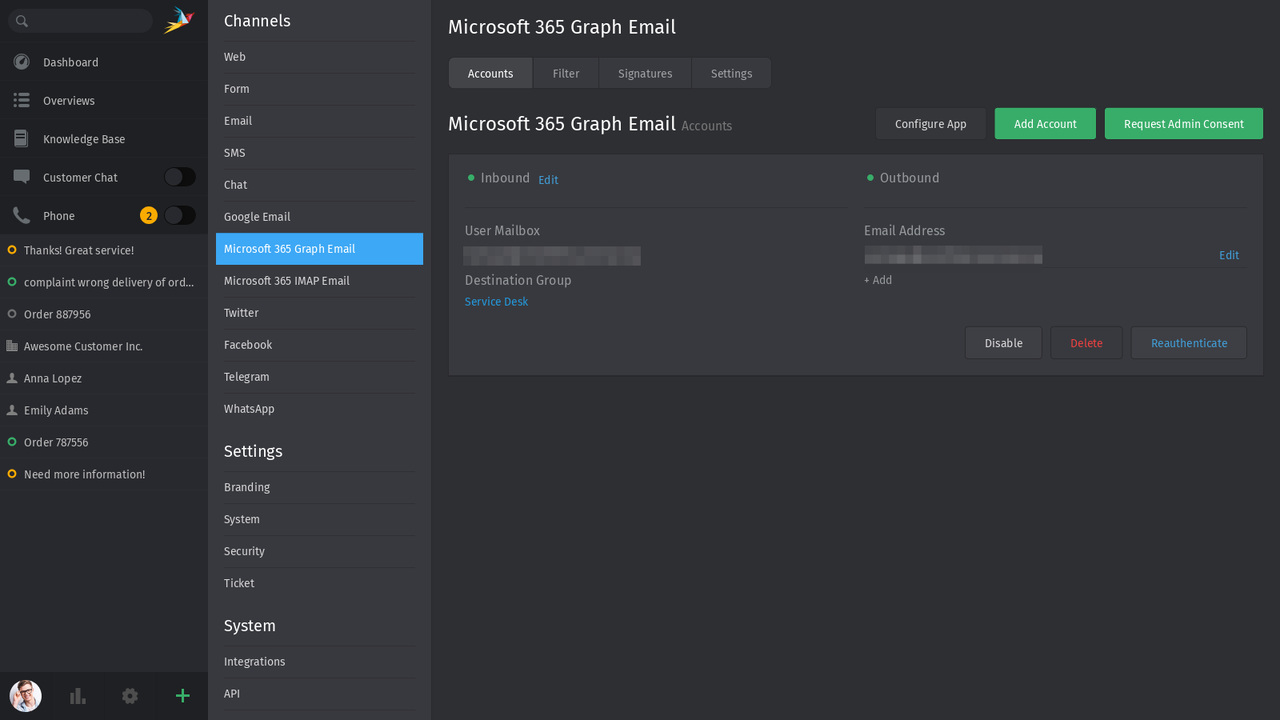 Screenshot of how to Connect Microsoft 365 via GraphAPI with Zammad